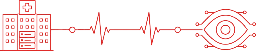 Ilustração em traço ligando um hospital, uma linha de eletrocardiograma e um olho