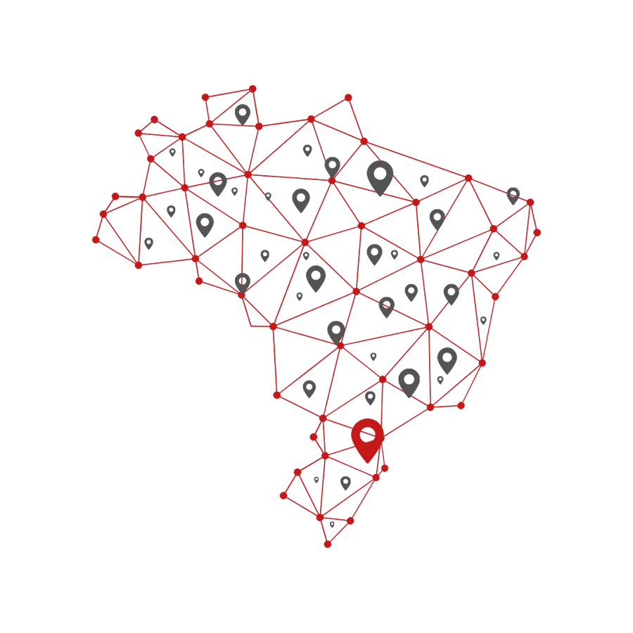 Mapa do Brasil em traço, com nós de rede conectando capitais e um marcador destacado no Sul